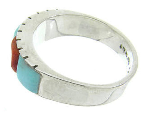 Silver Turquoise Apple Coral Southwestern Ring Size 7-3/4 AW63717